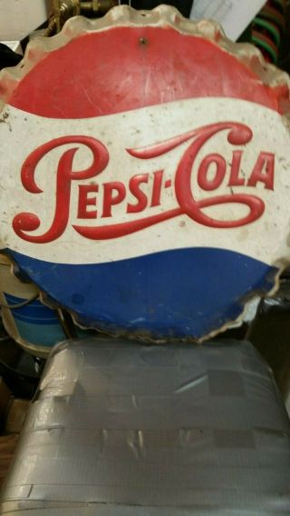 Antique Pepsi Cola " Bottle Cap " Sign.  Stout Sign Co.  1965 19 " Diameter.