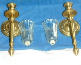 2 Vintage Solid Brass Wall Sconces & 2 Homco Ribbed Glass Peg Candleholders