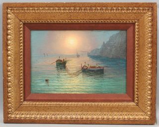 Antique Signed Italian Luminist Sunset Capri Fishing Boats Maritime Oil Painting