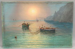 Antique Signed Italian Luminist Sunset Capri Fishing Boats Maritime Oil Painting 2