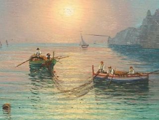 Antique Signed Italian Luminist Sunset Capri Fishing Boats Maritime Oil Painting 3