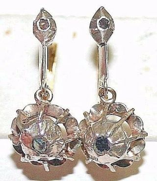 Antique Victorian 14k Gold Silver Rose Diamond 2 Stones Dangle Earrings C 1850