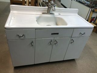 Vintage Youngstown White Porcelain 50 " With Metal Cabinet Kitchen Farm Sink