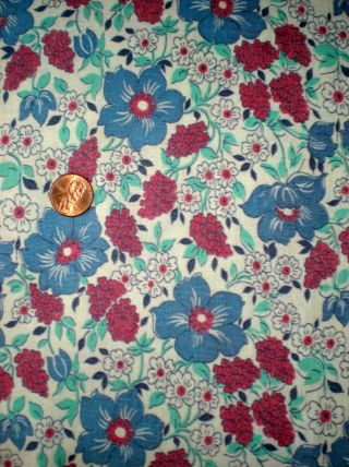 FLORAL Intact Vtg FEEDSACK Quilt Sewing Doll Clothes Craft Fabric Blue Red 2