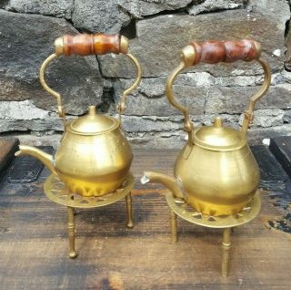 Vintage Ornamental Display X 2 Small Brass Tea Pots,  Wooden Handles On Stands
