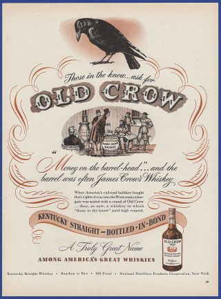 Vintage 1947 Old Crow Kentucky Straight Bourbon Whiskey Alcohol Liquor Print Ad