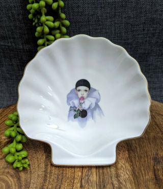 Vtg Retro 80s Pierrot Sad Clown White Ceramic Clam Shell Trinket Dish Gold Trim
