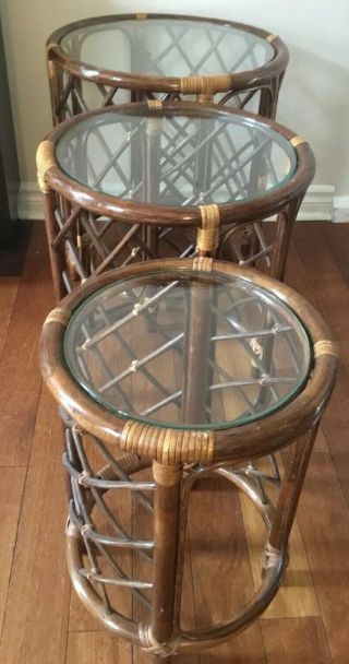 Vintage 3 Nesting Rattan Bamboo Round End Side Coffee Tables Glass Removable Top