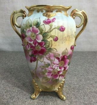 Antique Nippon Hand Painted Handled 9 3/4 " Vase Large Pink Purple Flowers Gold