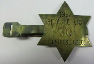 Vintage 1952 Montrose,  Colorado Bicycle Wrap Tag License Plate Bike No.  70
