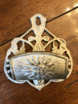Vintage Cast Iron Match Holder Wall Mounted Upside Down Heart With Sun