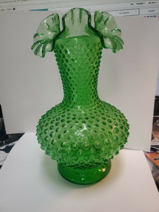 Vintage Fenton Green Hobnail 11 Inch Crimped Vase