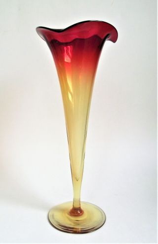 Antique England 12 " Amberina Mt Washington Trumpet Lily Art Glass Optic Vase