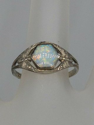 Antique Edwardian 1900s 1ct Natural Fancy Cut Opal 14k White Gold Filigree Ring
