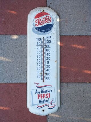 Vintage Pepsi Cola Soda Pop 27 " Embossed Metal Thermometer Sign Antique