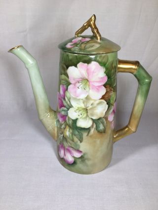 Antique T&v France Handpainted Coffee/tea Pot Pink Flowers Signed Elsie Robinson
