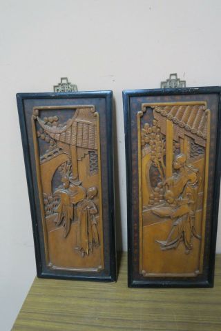 Pair @ 2 Antique Solid Wood Panel 3 - D Sculptured Carving Asian Figures Chinese
