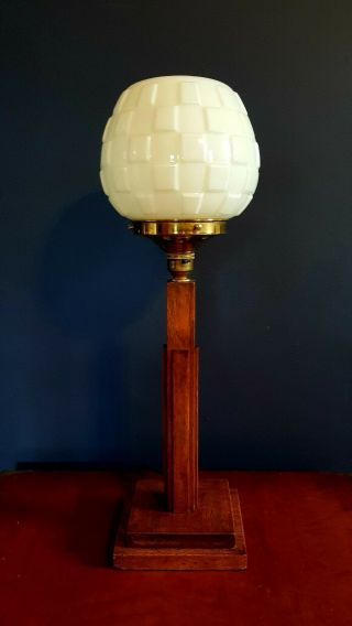 1930s Art Deco Table Desk Lamp Oak Stem White Globe Glass Shade