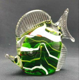 Vintage Murano Green White Art Glass Fish Ornament Hand Blown