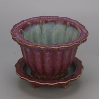5.  3 " Old Chinese Jun Kiln Purple Glaze Porcelain Polygonal Tray Vase Basin Pot
