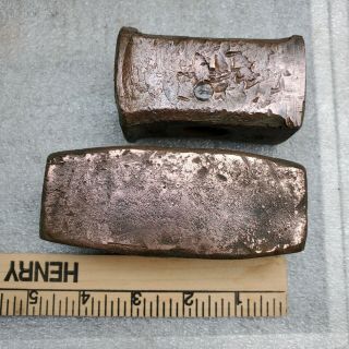 2 Vintage Copper Hammer Heads.  4 X 1.  5 @ 3 Lbs 11 Oz,  2 Lbs 7 Oz.