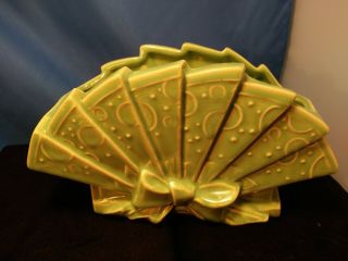 Vintage Mccoy Art Green Fan Shaped Planter Vase Embossed Dots Ribbon Bow