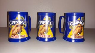 Three Vintage 1988 Joe Camel 75th Anniversary Thermo Serv Handle Mugs.  U.  S.  A.