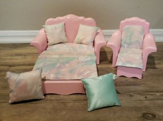 Vintage 1987 Barbie Sweet Roses Sofa Bed Couch & Chair W/ Cushions & Pillows