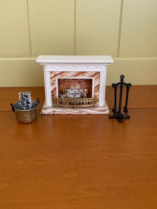 Vintage Lundby Dollhouse Fireplace With Log Basket & Fireplace Tools