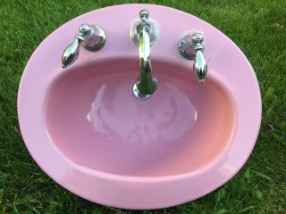 Vintage Kohler Porcelain Bathroom Sink Pink With Faucet And Fixtures Retro