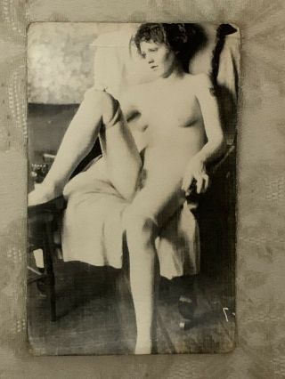 Vintage 1930’s Nude Rppc Real Photo Postcard Art Deco Tattoo Lady Risqué