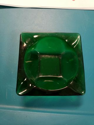 Vintage Square Dark Green Glass Cigarette Ash Tray 3.  5 