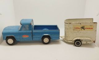 Vintage 1960’s Blue Tonka Toys Jeep Pickup Truck W Tonka Staples Horse Trailor