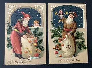 Vintage Santa Postcards (2) Series 774 Red,  Brown Robes,  Stars,  Taupe Borders