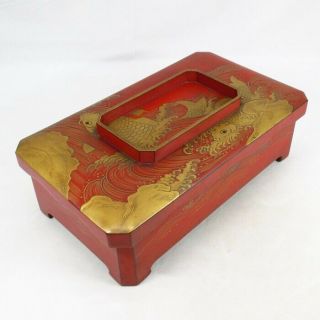 B325: High - Class Japanese Old Lacquer Ware Covered Box With Great Makie Of Carp
