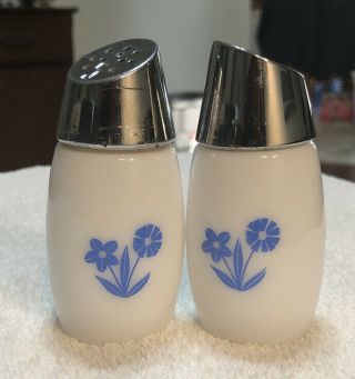 Vintage Gemco Milk Glass Blue Daisy Cornflower Salt & Pepper Shakers
