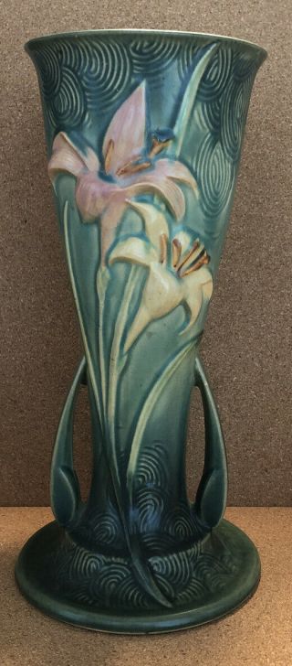 Vintage Roseville Zephyr Lily Handled 12 " Vase In Blue/green 139 - 12 "
