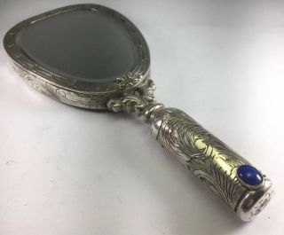 Vintage Italian 800 Sterling Silver Lapis Hand Mirror Compact Lipstick Holder
