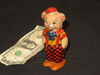 Vintage 1930 ' s J.  Chein Tin Litho Wind - Up Toy Walking Winking Pig Piglet Piggy 2