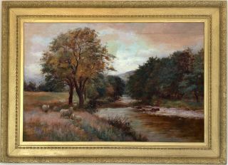 Sheep In A River Landscape Antique Oil Painting By Edwin Bottomley (1865 - 1929)