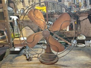 Antique Ge Fan 16 " Brass Blade Cage Unusual On/off Hub Barn Find Runs