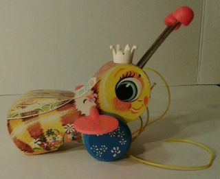 Vintage Fisher Price Queen Buzzy Bee Wood Pull Toy 444