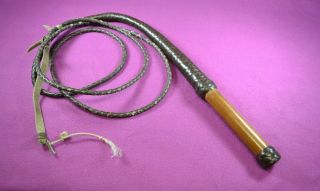 Vintage Wood Handle Turning Brown Braided Leather Whip Bullwhip Horse 10 