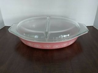 Vintage Pyrex Pink White Daisy Divided Oval Casserole Dish With Lid 1 1/2 Qt