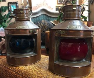 Vintage Tung Woo Hong Kong Nautical Oil Lamps Copper Lanterns Starboard & Port