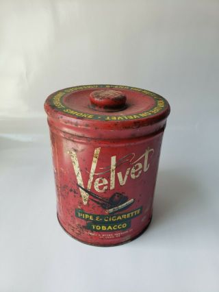 Vintage Red Velvet Pipe And Cigarette Tobacco Tin Can W/ Lid