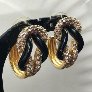 Vintage Swarovski Swan Signed Gold Tone Crystals Pierced Hoop Earrings