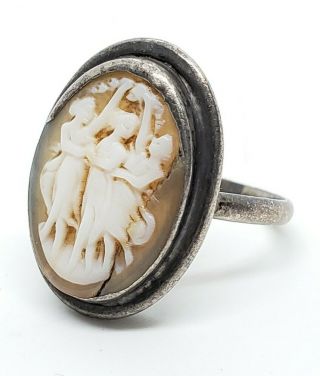 Vintage Signed 800 Fine Silver Art Deco Three Graces Carved Cameo Size 5 Ring