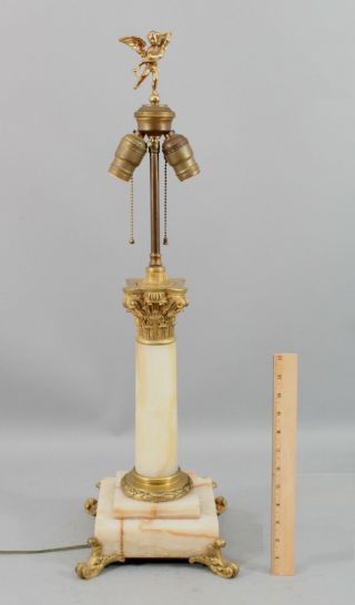 Large Antique Classical Agate & Gold Gilt Bronze Corinthian Column Table Lamp