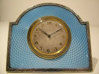 Top Quality Antique Silver Guilloche Enamel Mantel Clock 8 Day Oak Adie Bros 282
